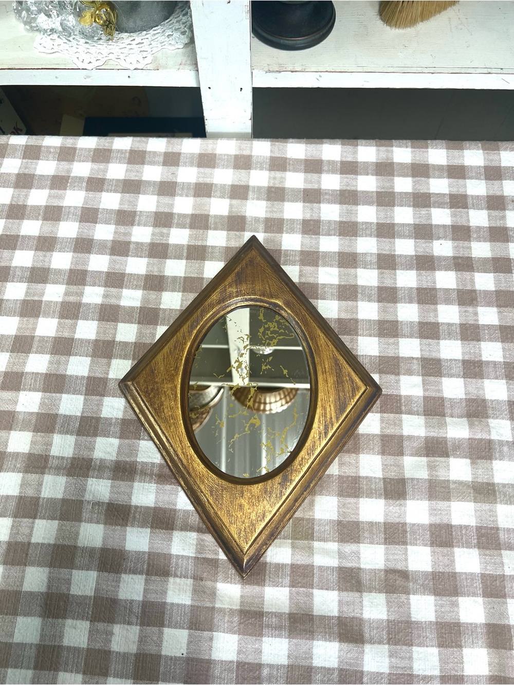 Vintage mirror gold wood gold veining mid century wall decor diamond shape